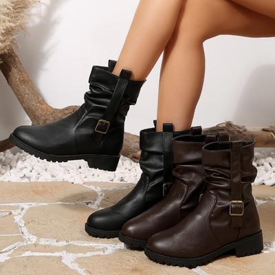Runde Kopfhaut-Gürtelschnalle Gefaltete Stapelstiefel 2025 Winter Neu Retro Übergröße Britischer Stil Dicker Absatz Martin Stiefel für Damen