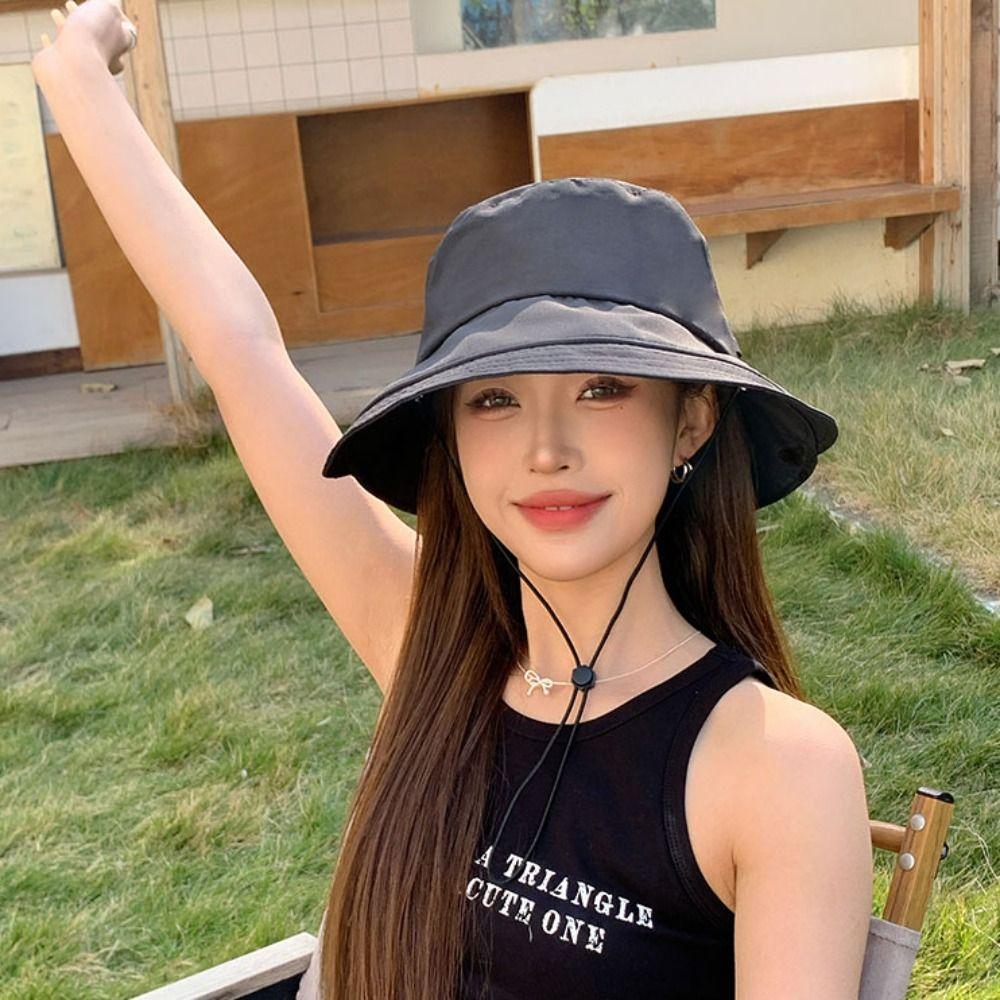 Polyester Sunshade Bucket Hat Windproof Rope Foldable Sun Hat Quick Drying Fisherman Hat  Camping