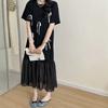Summer Elegant Knit Dress With Puff Sleeve And Splicing For Casual Wear