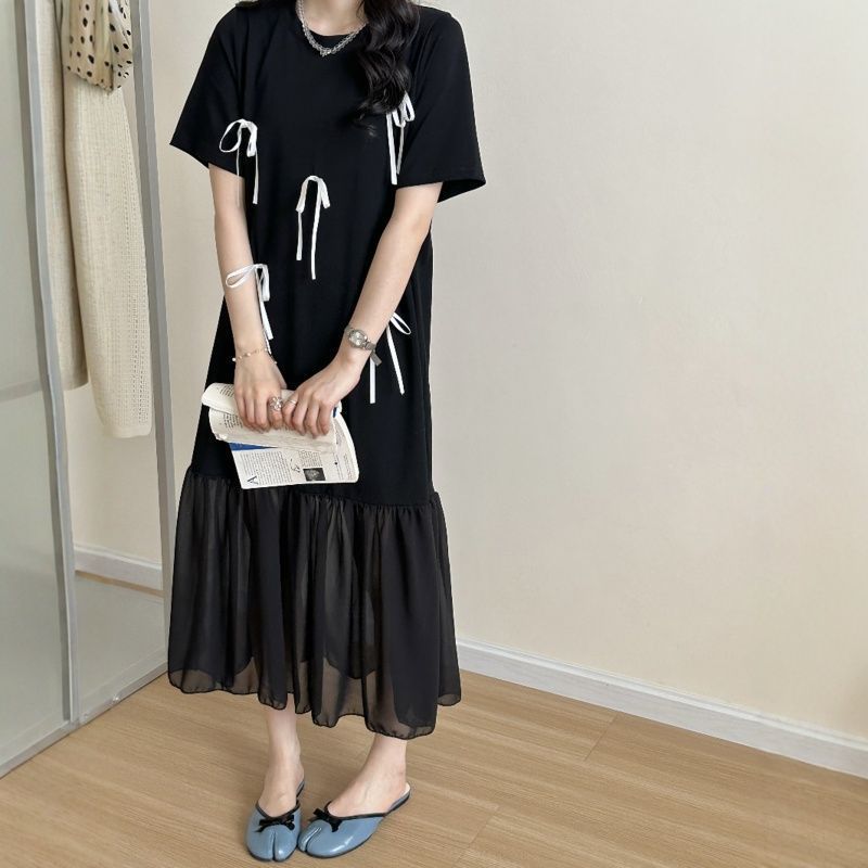 Summer Elegant Knit Dress With Puff Sleeve And Splicing For Casual Wear