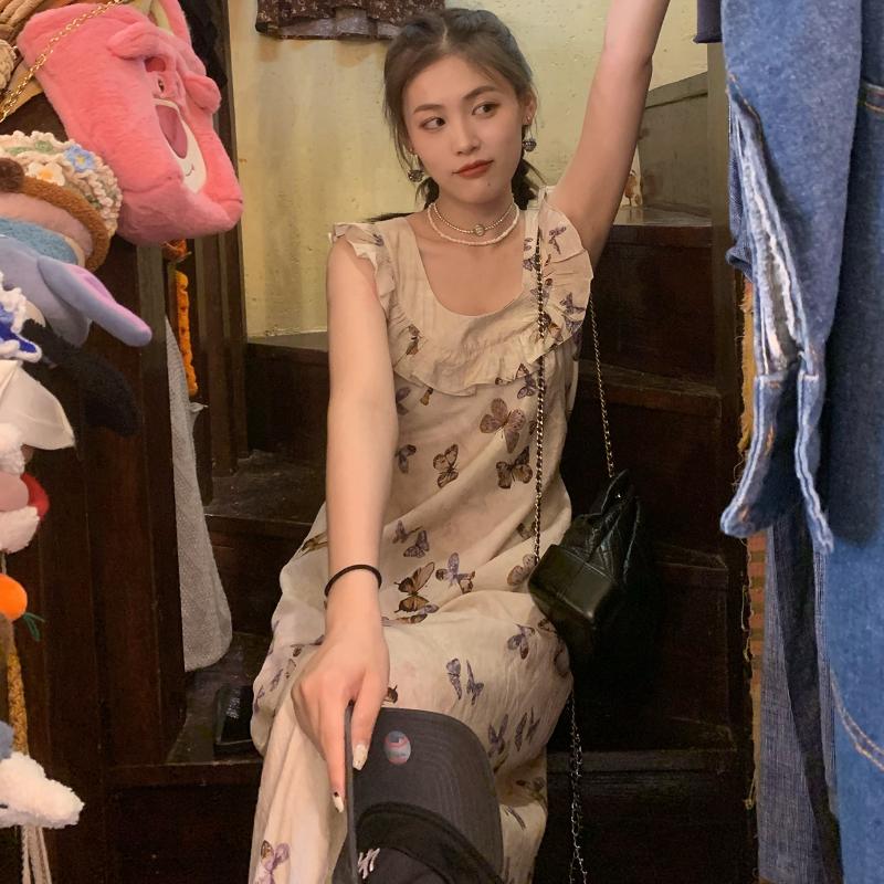 Summer 2025 Fashion Print Bufferfly Casual Long Dress Women Fashion Chic Ruffled Square Collar Dress Korean Elegant Bodycon Robe