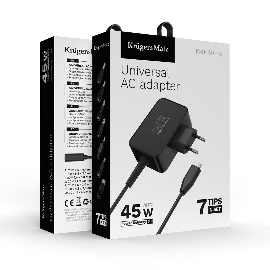 Zasilacz uniwersalny Kruger&Matz 45W z funkcją Power Delivery 7 końcówek