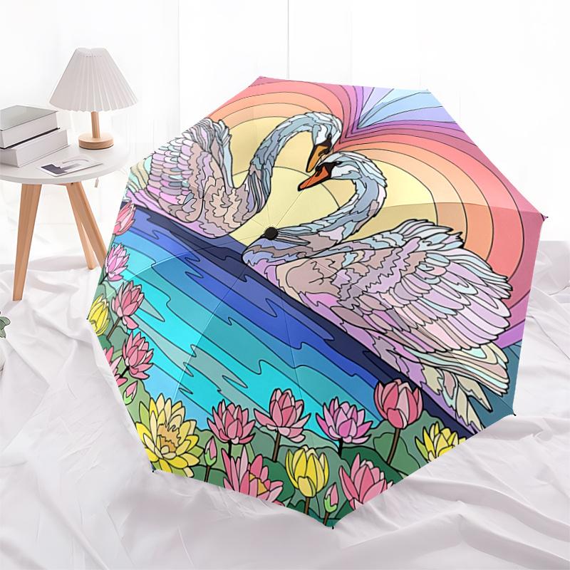 Romantic Swan Sunset Heart Shaped Automatic Opening/Closing Umbrella with Lotus Flowers Portable Folding Design,8 Bone Iron Frame Outdoor