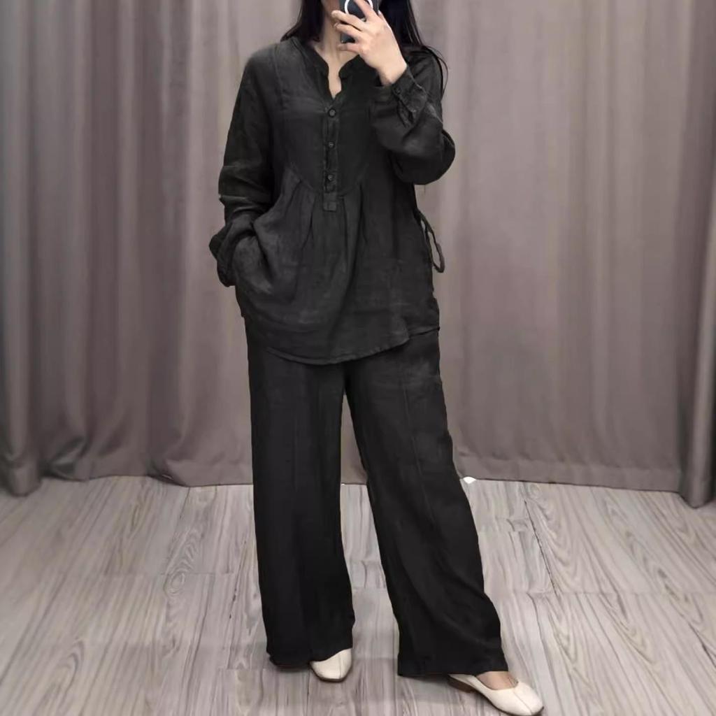 Completo casual da donna Primavera Estate Camicia a maniche lunghe + Pantaloni casual a gamba larga Set da 2 pezzi
