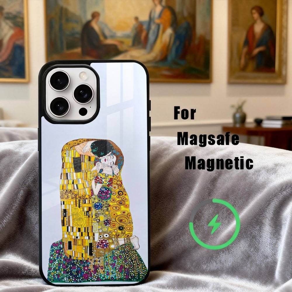Custodia per Telefono Pittura "Il Bacio" di Gustav Klimt Per iPhone17,16,15,14,13,12,11 Plus,Pro Max Magnetica Per Ricarica Wireless Magsafe