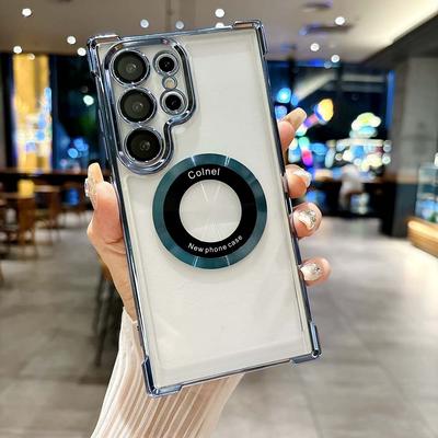 Luxusný magnetický bezdrôtový nabíjací kryt s pokovovaním pre Samsung Galaxy S25 S24 S23 S22 Ultra Plus S 25 24 Puzdro s priehľadným krytom na ochranu šošoviek