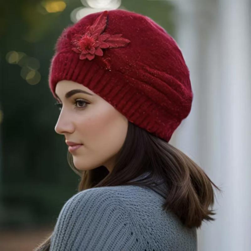 1Pcs Thickened Beret Warm Knitted Wool Hat Autumn Winter Mom Hat Diy Accessories Women'S Winter Flower Hat