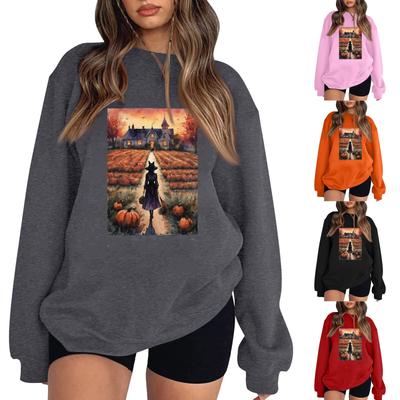 Pull décontracté à manches longues et col rond pour femme, haut imprimé Halloween, sweat à capuche à manches longues