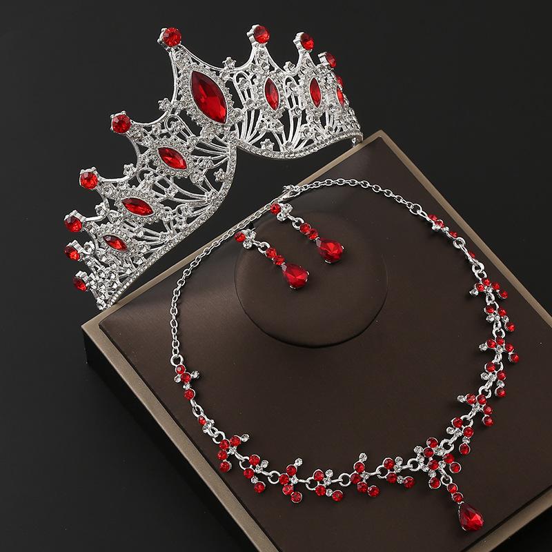 Brautkrone Legierung Strass Stirnband Hochzeit Geburtstag Krone Tiara Halskette Ohrringe Dreiteiliges Set Farbe