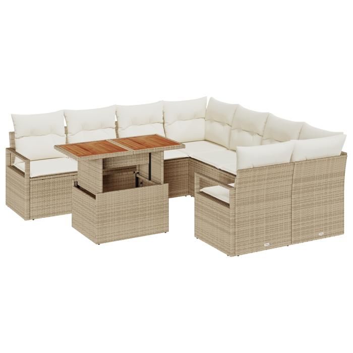 Ensemble de 9 pièces de canapé de jardin avec coussins beige en poly rattan, Canapé de jardin 2 places avec rangement et 3358430