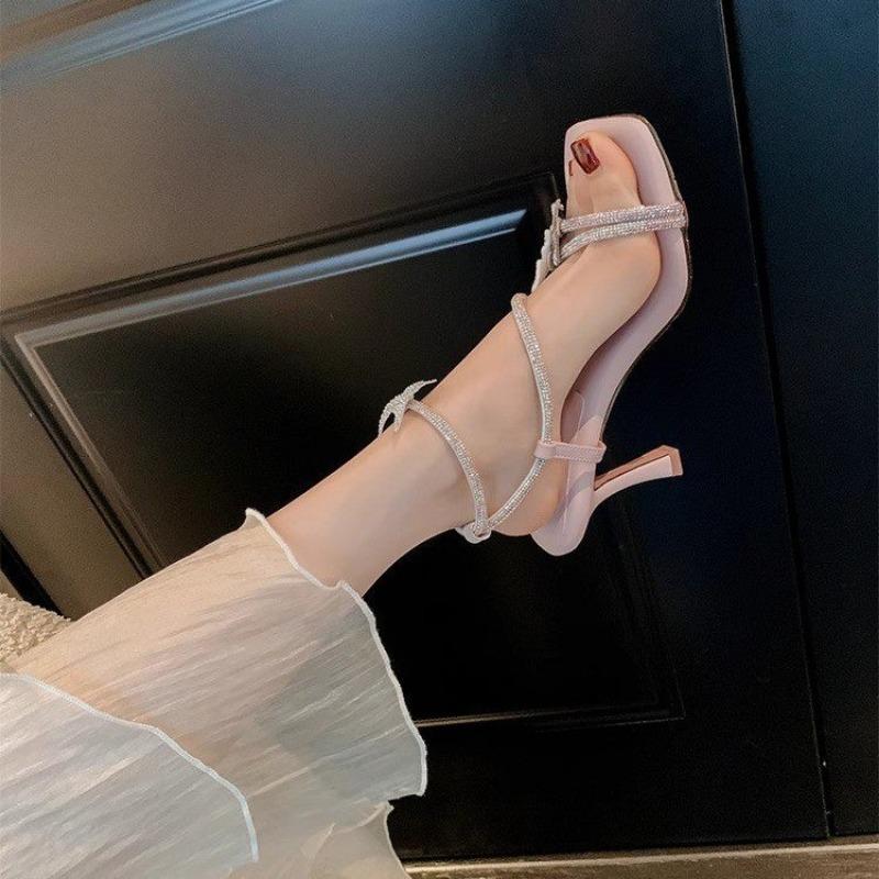 Fashion Fashion Crystal Butterfly Knot Stiletto Sandals Summer New Square Head Open Toe Stiletto Set Foot Non-slip High Heels