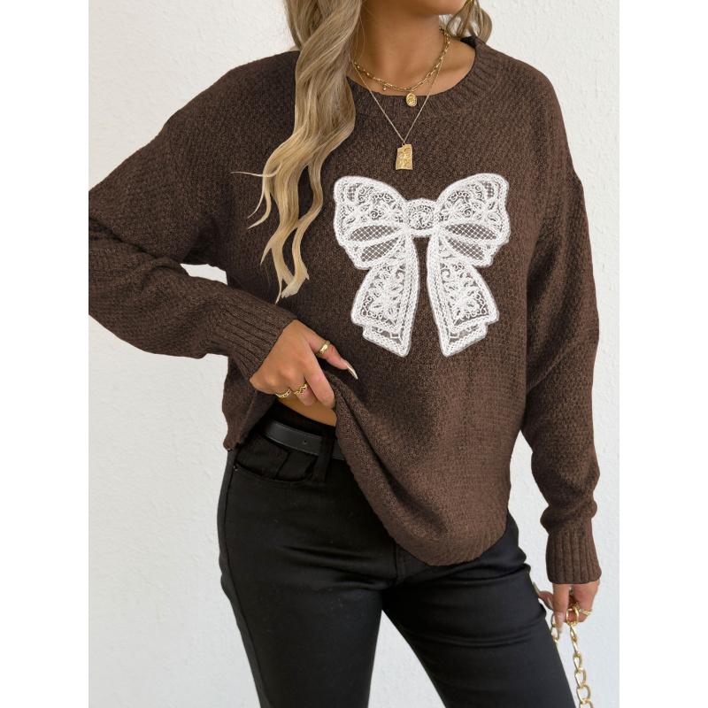 Autumn Winter New Round Neck Pullover Top Base Shirt Embroidered Lace Butterfly Patchwork Knitted Sweater