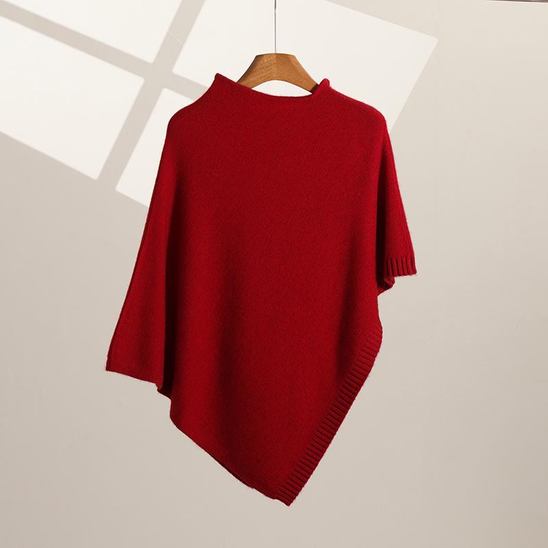 Luxury Cashmere Triangle Shawl for Women - High Neck Solid Color Knit Cape Outerwear 86x77 cm красный