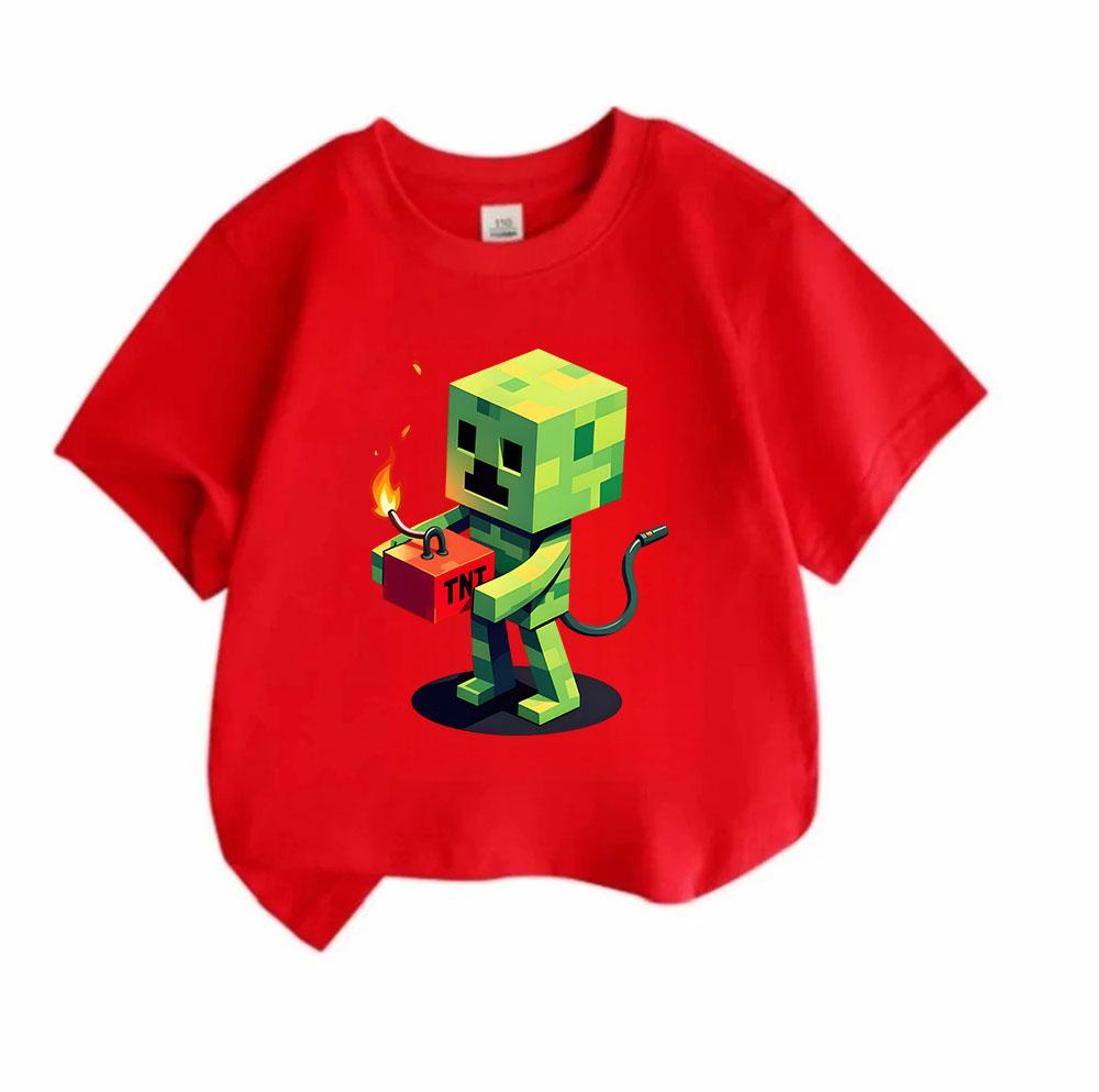 Kids Boys Girls 100% Cotton Crew Neck Short Sleeve T-Shirt, Funny Pixel Green Game Creeper Hold TNT Print Casual Soft Tee Tops for Children Daily Wear