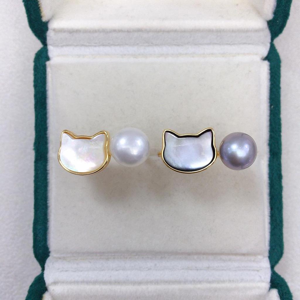 Natural Freshwater Pearl Kitten Jewelry Set - Earrings, Pendant, and Ring