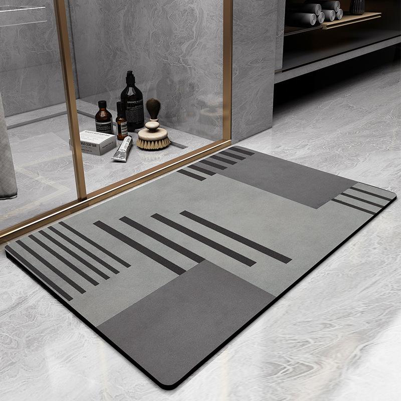 Elegant Gray and Golden Stripe Diatom Mud Mat - Thick, Non-Slip, Soft, and Quick-Drying for Kitchen and Bathroom