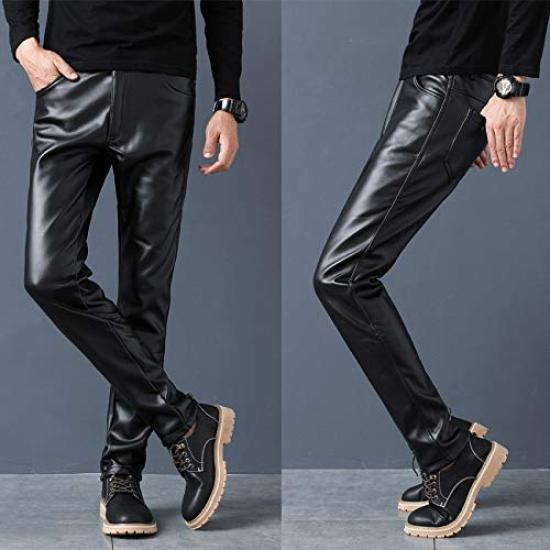 LIFESHINE Leather PU Motorcycle Windproof and Solid Biker Long Skinny Gift Not Men's Pants, Leather, Pants, Cold-Resistant, Color, Fleece-Lined,