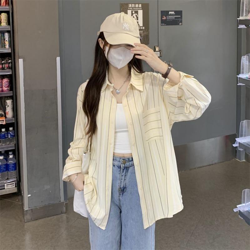 

Женская полосатая блузка с длинным рукавом, весенняя, свободного кроя, в стиле французский шик, топы на пуговицах, женская блузка с отложным воротником XXL