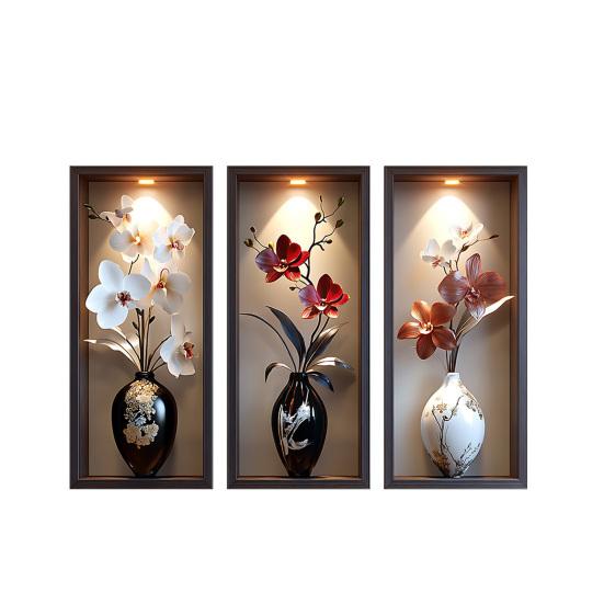 3 Pcs 3D Wall Vase Flower Wall Stickers Vintage Art Self-Adhesive Colorful