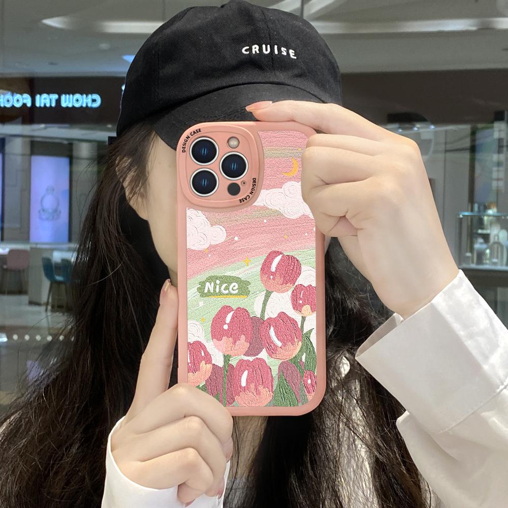 Slim Skin Feeling Cartoon Pink Flowers Soft Silicone PU Leather Cover Phone Case for iPhone Samsung Huawei Honor Xiaomi Redmi OPPO Realme Vivo