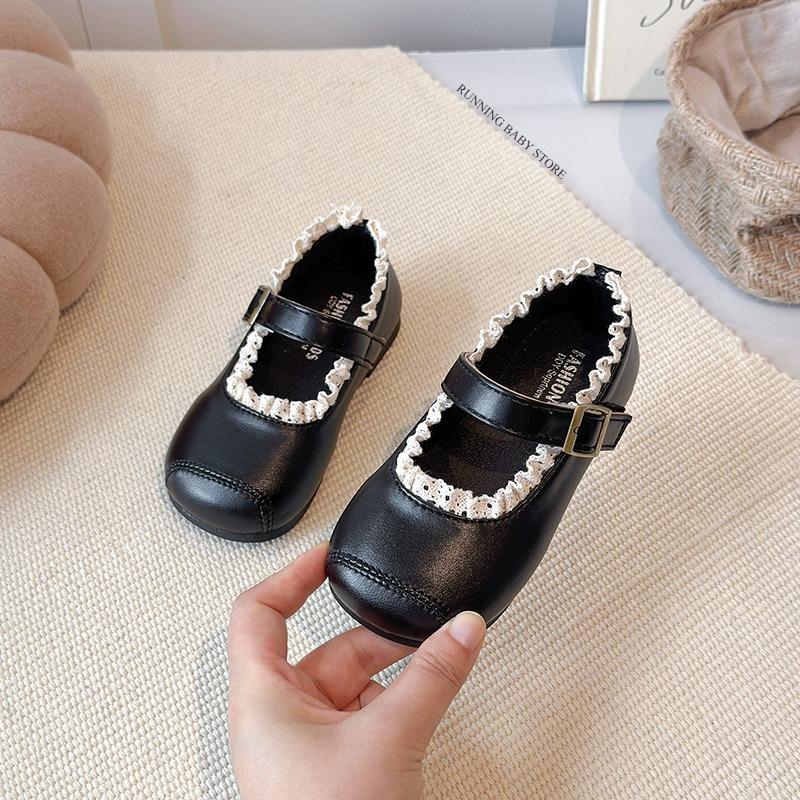 

Trend Square Toe Children Shoes Princess Pure Color Shallow Ruffles Lace-Trimmed Walking Shoes Girl School Vacation Shoes I10291 21 чорний