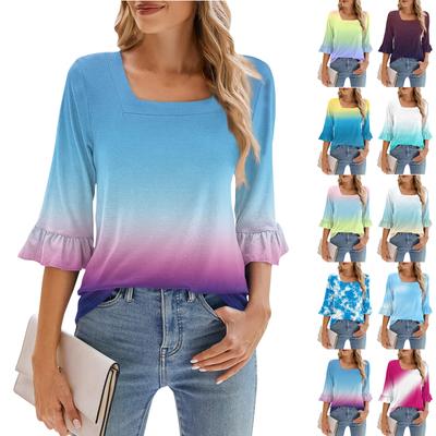 Damen Casual 3/4 Ärmel Tops Sommer Quadratischer Ausschnitt T-Shirts Rüschen Loose Fit Tunika Blusen