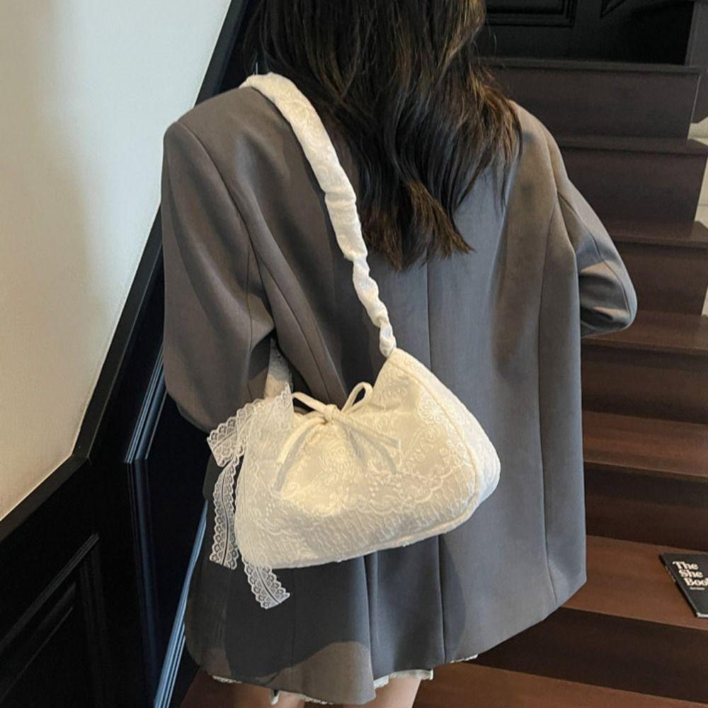 Tote Bag Lace Shoulder Bag With Ribbon Large Capacity Bag Storage Bag Simple Canvas Handbag  Work