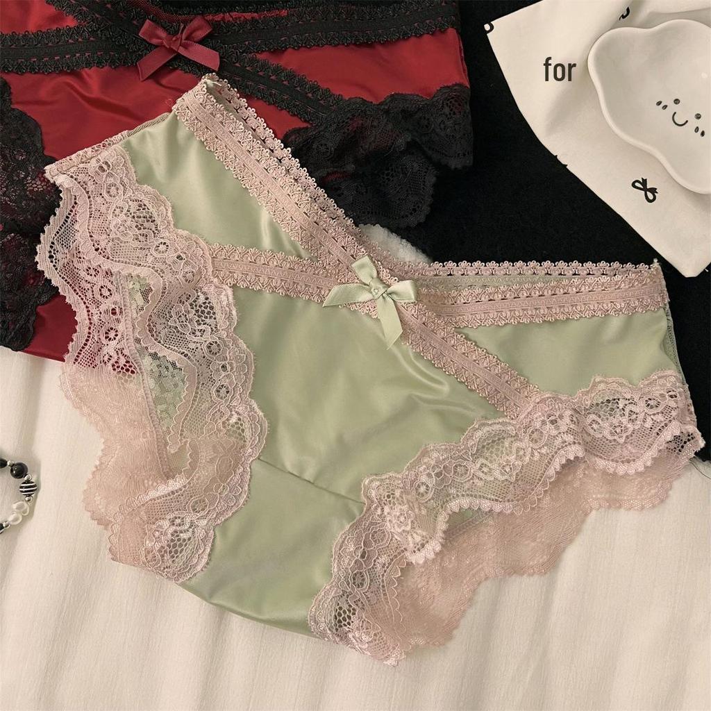 Jiao Wan Sheng Xiang Fransk Satinsnörning Mellanhöga Damtrosor: Andningsbara, Sexiga, Trosor med gren i ren bomull