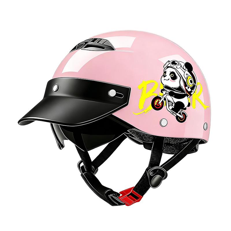 Cute BLACK Panda Print Open Face Helmet with Sun Visor Lightweight Breathable Electric Bike Scooter Safety Helmet