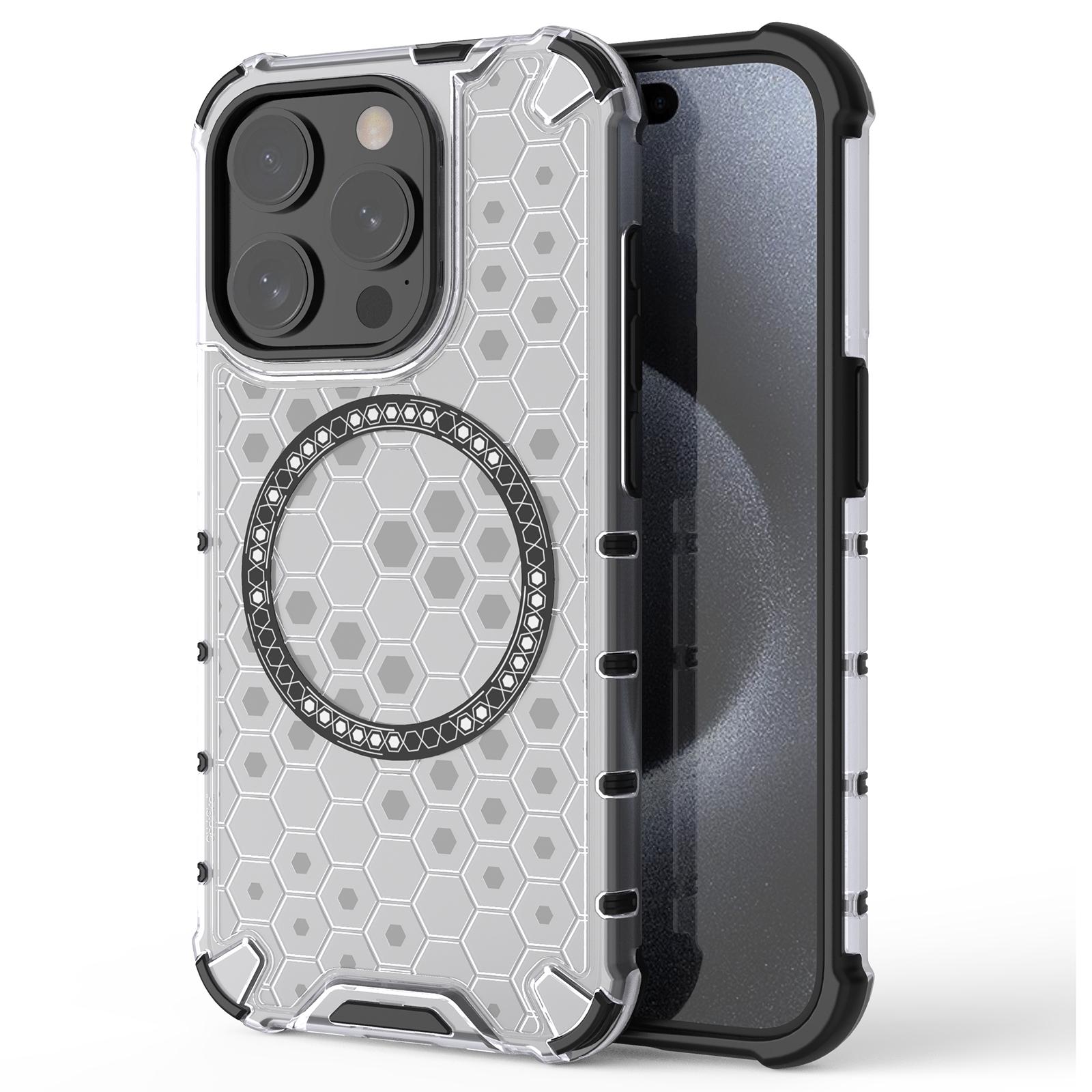 

For iPhone 15 Pro Max Case Compatible with MagSafe Honeycomb Texture TPU+PC Phone Cover Transparent
