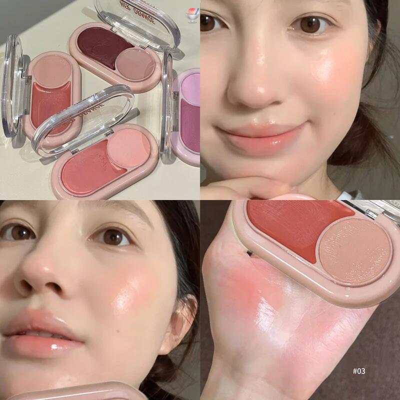 Two Color Powder Blusher Cream Matte Brighten Water Light Peach Cream Blush Natural Cheek Tint Waterproof Face Contouring Makeup