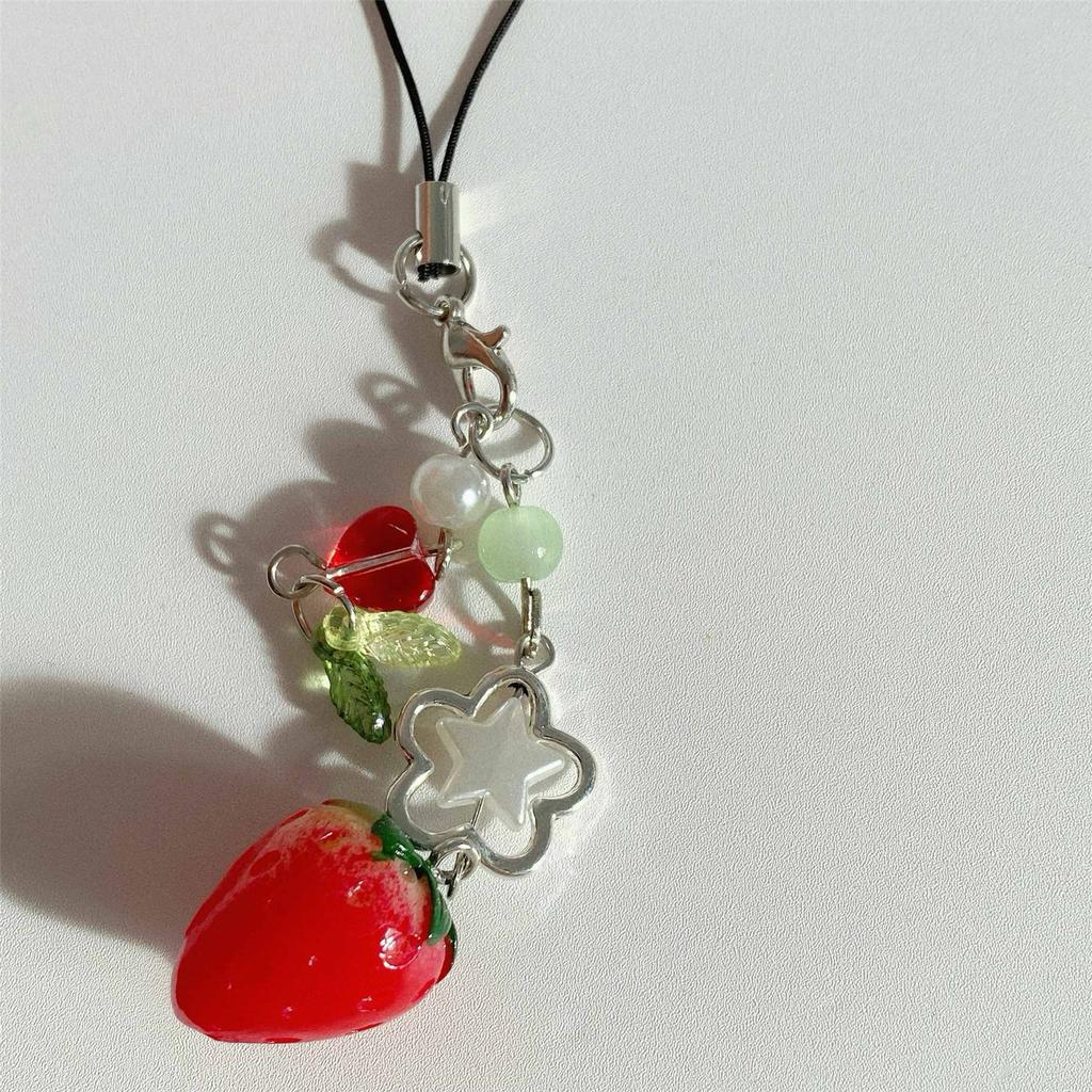 Strawberry Cellphone Chain Colorful Beaded Keychain Handmade Detachable Phone Lanyard Pendant Ornament for Wallet Bag