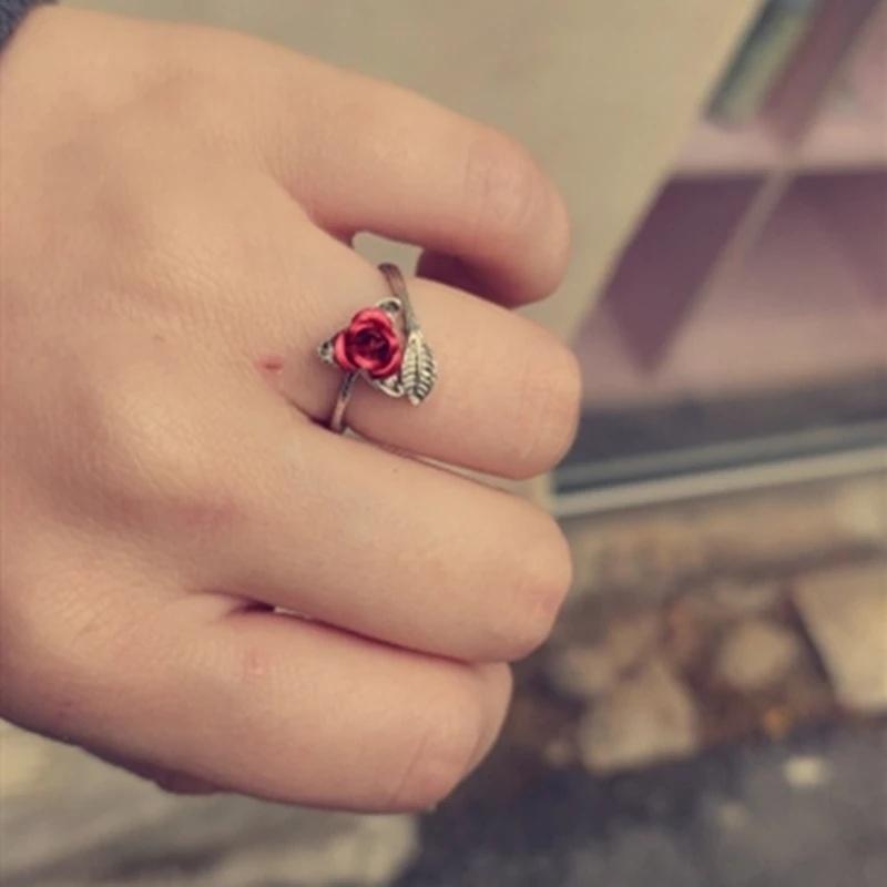 Anillo Abierto Flor Rosa Roja Hoja Flor de Pedrería para Mujer Anillo de Dedo Ajustable Joyería Regalo de San Valentín Compromiso