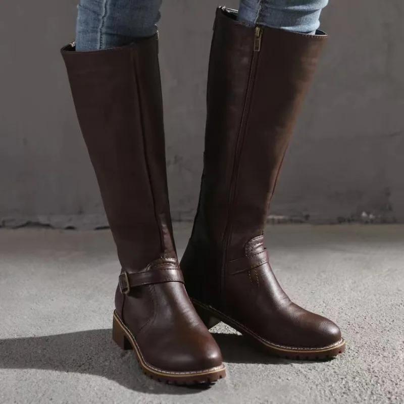Winter Women's Riding Boots Round Toe Chunky Heel High Boots Women's Buckle Platform Shoes Botas