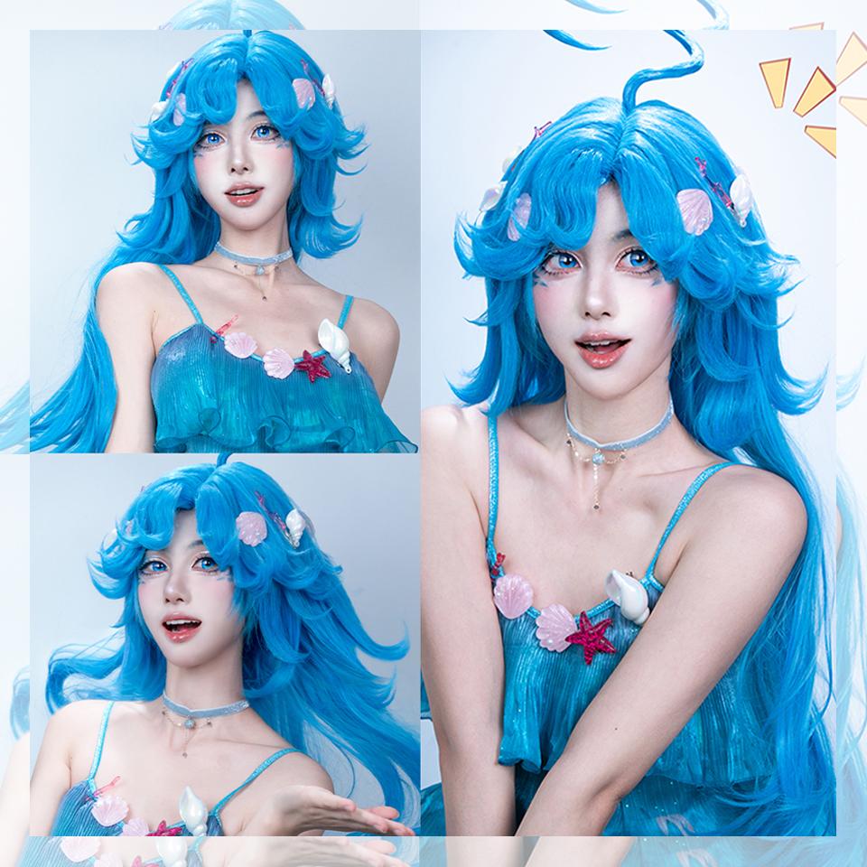KÖP Blå Lång Syntetisk Peruk The Glory Of The King Lilla Sjöjungfrun Cosplay Peruk Festival Fluffig Silkesblå Långhårig Peruk