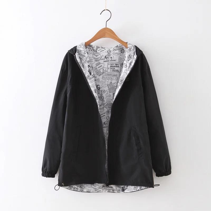 

Весенне-осенняя женская базовая куртка-бомбер с карманом на молнии с капюшоном, двухсторонняя одежда с мультяшным принтом, верхняя одежда, свободное пальто XL чёрный