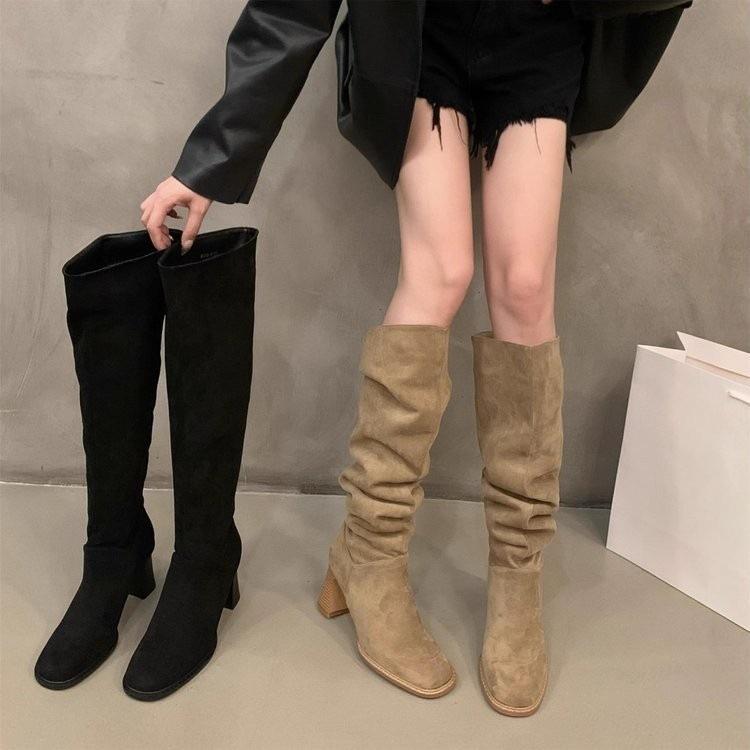 High-heeled suede square head stacked long boots women's boots 2025 new autumn and winter thin but knee high boots