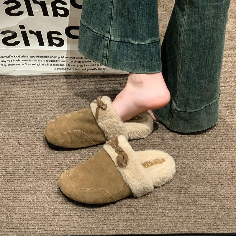 One-pedal bag head fluffy half slippers women's autumn and winter velvet outer wear 2025 new retro thermal cotton slippers