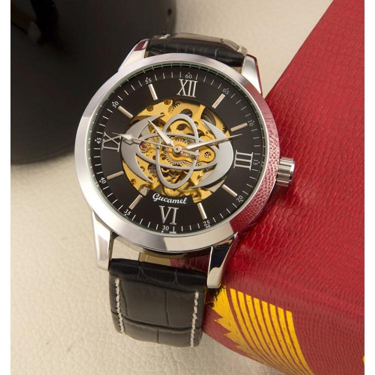 GUCAMEL Herren-Mechanische Uhr, Römische Ziffern, Perforierte Mechanische Uhr, Herren-Mechanische Uhr