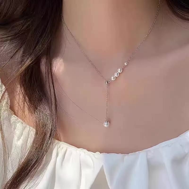 Pearl Love Necklace Small Design High Sense Simple Temperament Clavicle Chain Women's Bow Light Luxury Exquisite Neck Chain Tide