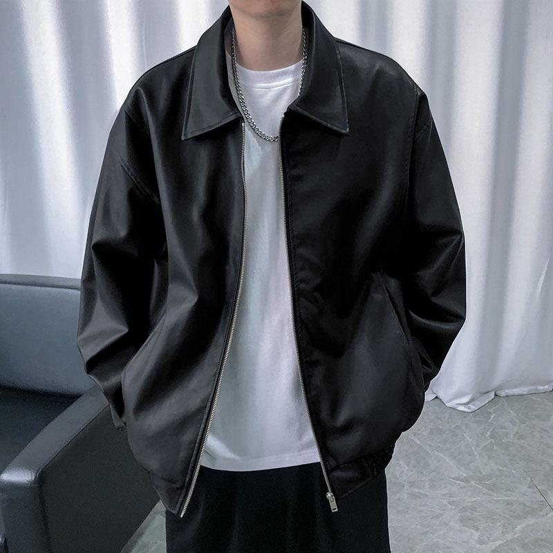 

Men s Hong Kong Style Loose PU Leather Motorcycle Jacket, Green with Lapel, Trendy and Handsome for Spring and Autumn M (55-62.5 kg)