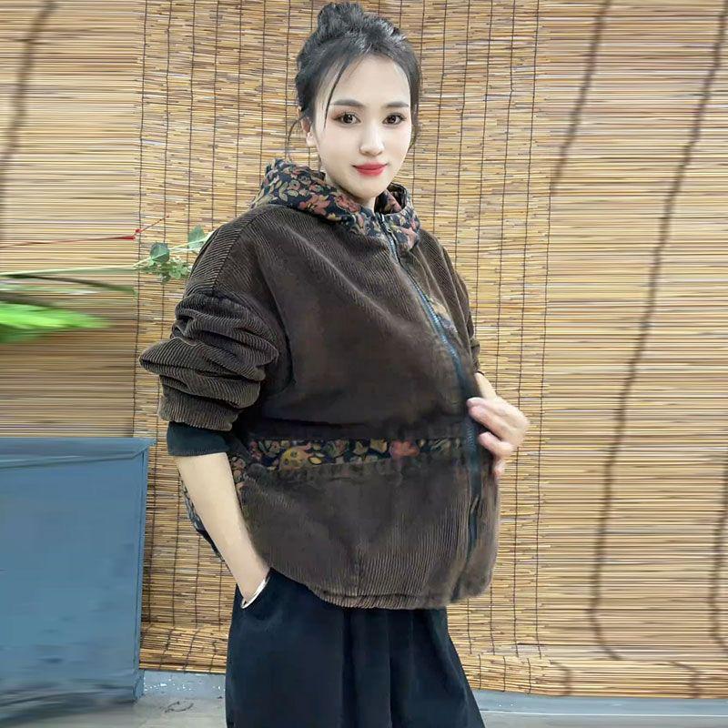 Women's Retro Hooded Corduroy Jacket - 2025 Winter Thick Velvet Cotton, Loose Fit, Plus Size, Body Concealing Casual Wear