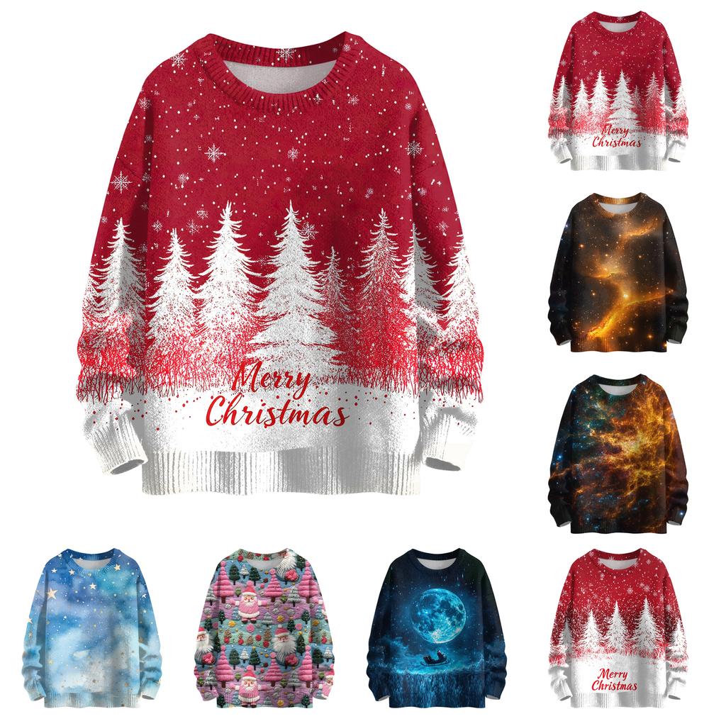 Ladies' Fashionable Casual Long Sleeved Christmas Printed Round Neck Knitted Yarn