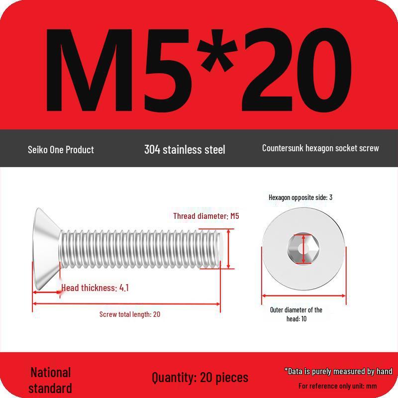 Complete Set of 304 Stainless Steel Countersunk Hex Socket Cap Screws, Flat Head Bolts, and Machine Screws (M2-M10)
