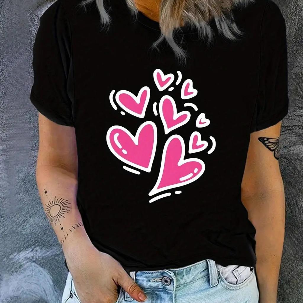 1pc Women'S Casual Round Neck T-Shirt with Heart Print, Polyester Knit Fabric, Lightweight Short Sleeve for All Seasons Tee For