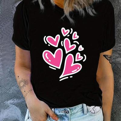 1pc Women'S Casual Round Neck T-Shirt with Heart Print, Polyester Knit Fabric, Lightweight Short Sleeve for All Seasons Tee For