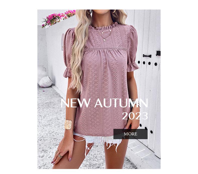 Diyun Women's European & American Short Sleeve Casual Solid Color Hollow T-shirt, 2024 Spring/Summer Collection