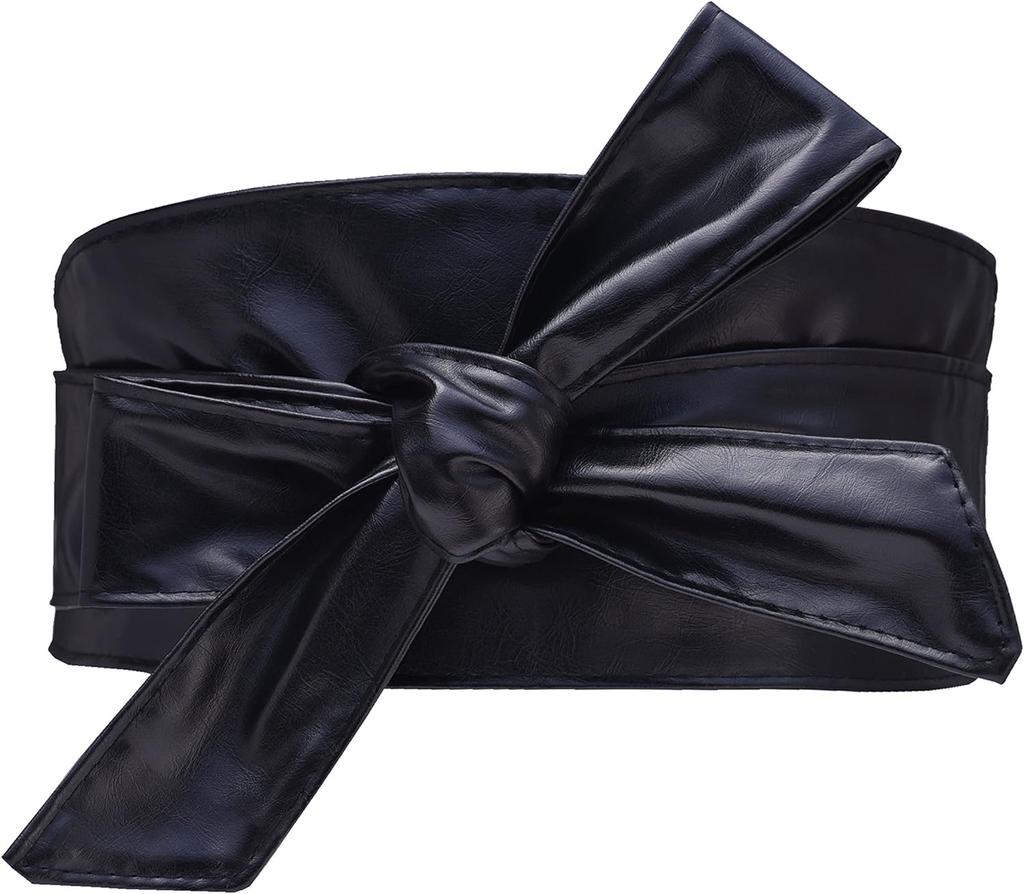 Woman Wide PU Leather Belt Obi Belt Self Tie Cinch Belt Wrap Around Bowknot Waistband Bright for Dress