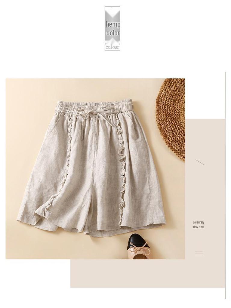 Women's Summer 2024 Retro Cotton Linen Ruffle Wide-Leg Shorts - Casual, Loose Mid-Length.