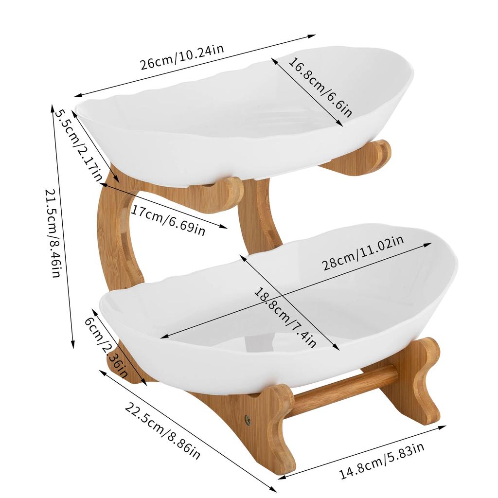 Fruit Bowl Fruit Basket 2 Tier Large Plastic Ceramic Bowl with Bamboo Stand for Snacks Candy Dessert Table Centerpiece Decor